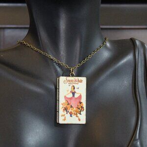 Snow White Faux Book Gold Tone Pendant Necklace